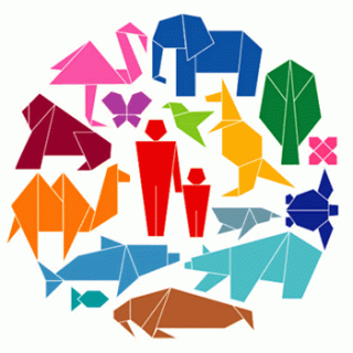 Logo Nagoya-protocol Pictogram met origami dieren in verschillende kleuren