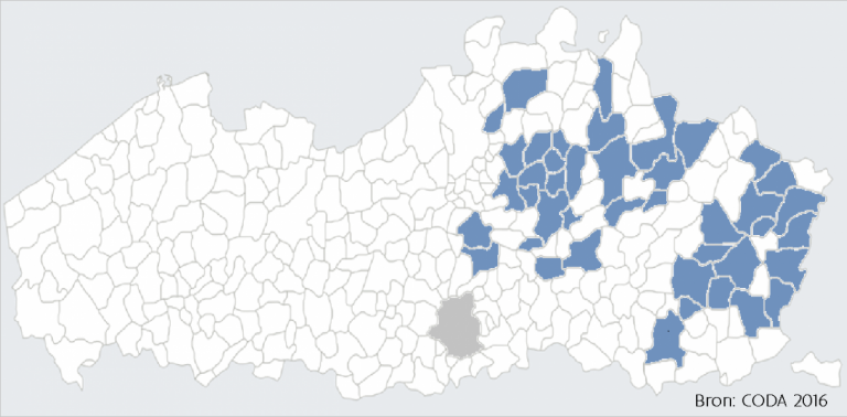 Kaart verspreiding Usutu in Vlaanderen in 2016
